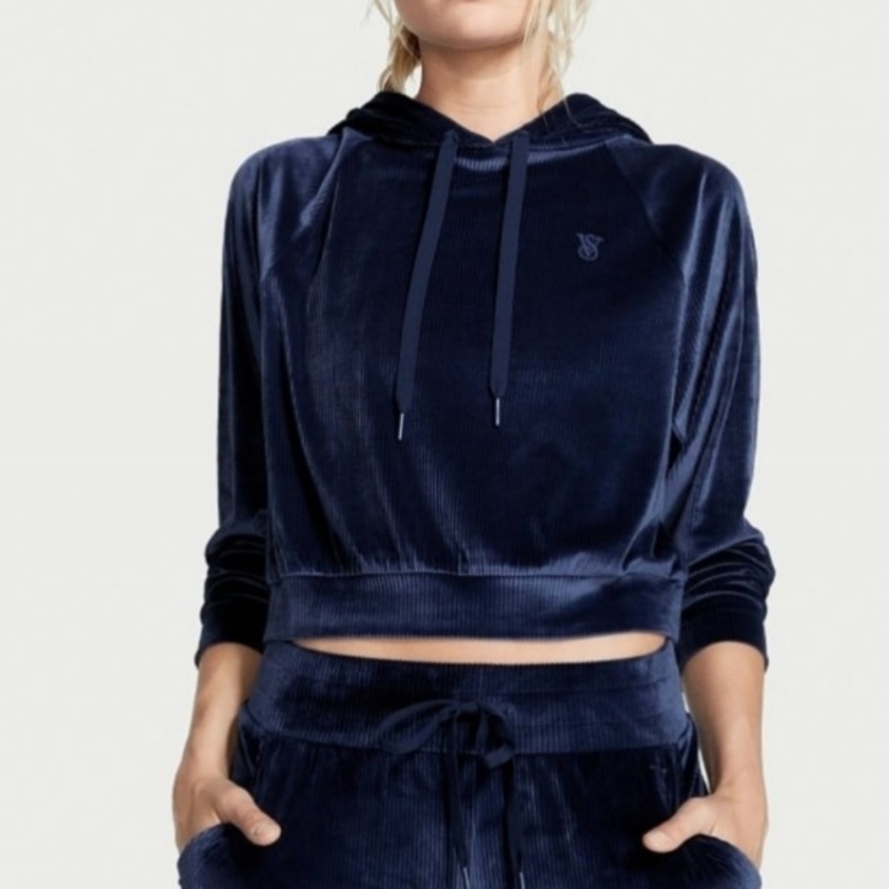 Victoria's Secret Dark Blue Velour Ribbed Cropped Hoodie Women's Size Large